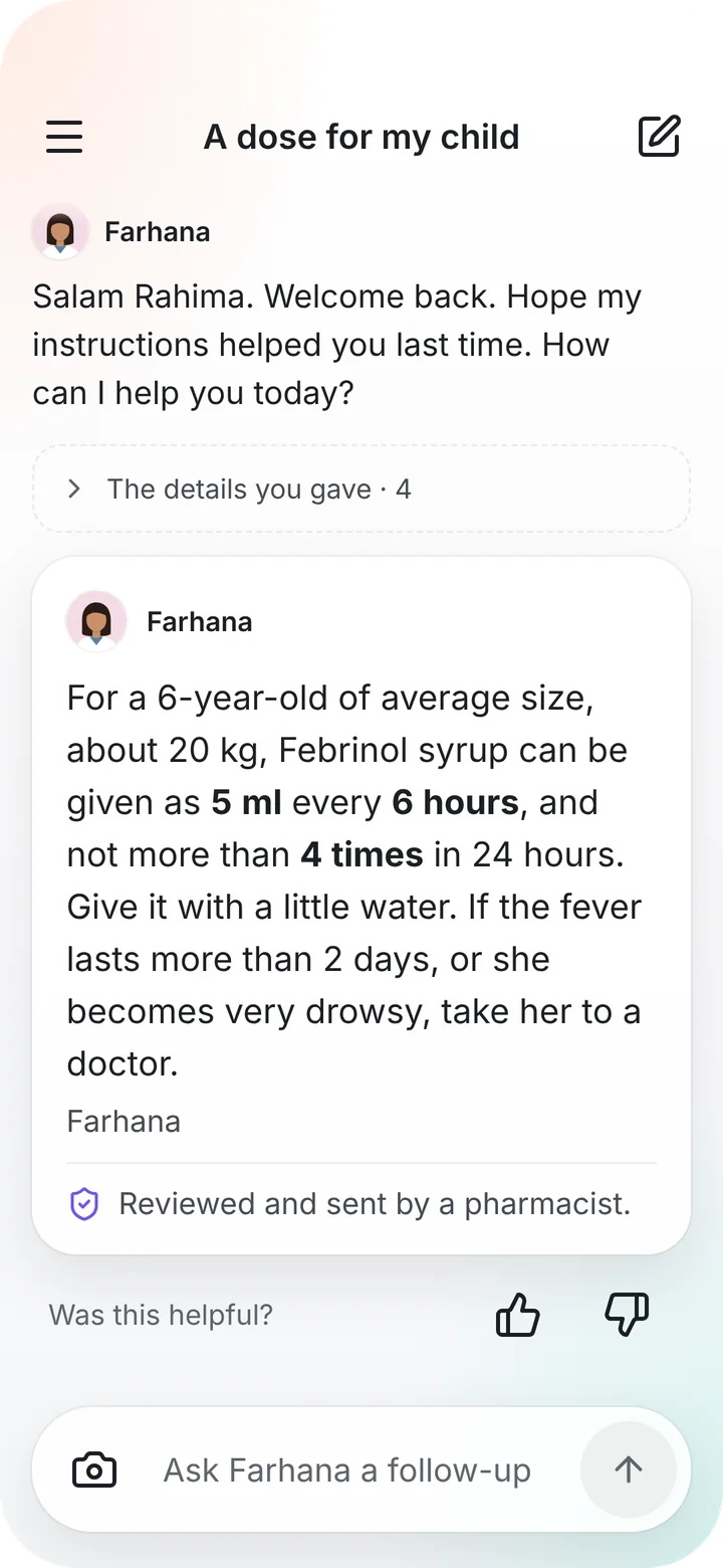 The pharmacist's answer, marked as reviewed and sent by a pharmacist, with a box for a follow-up.